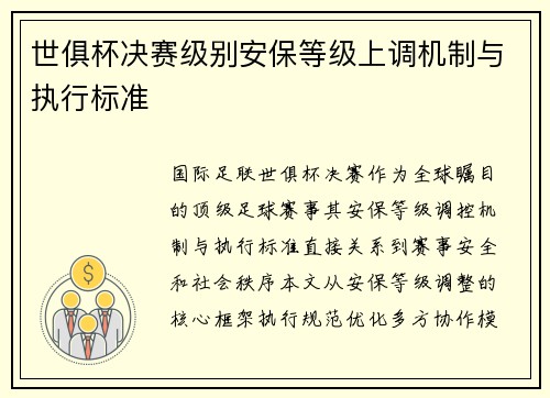 世俱杯决赛级别安保等级上调机制与执行标准