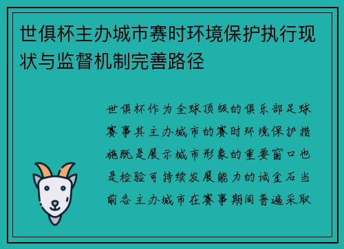 世俱杯主办城市赛时环境保护执行现状与监督机制完善路径